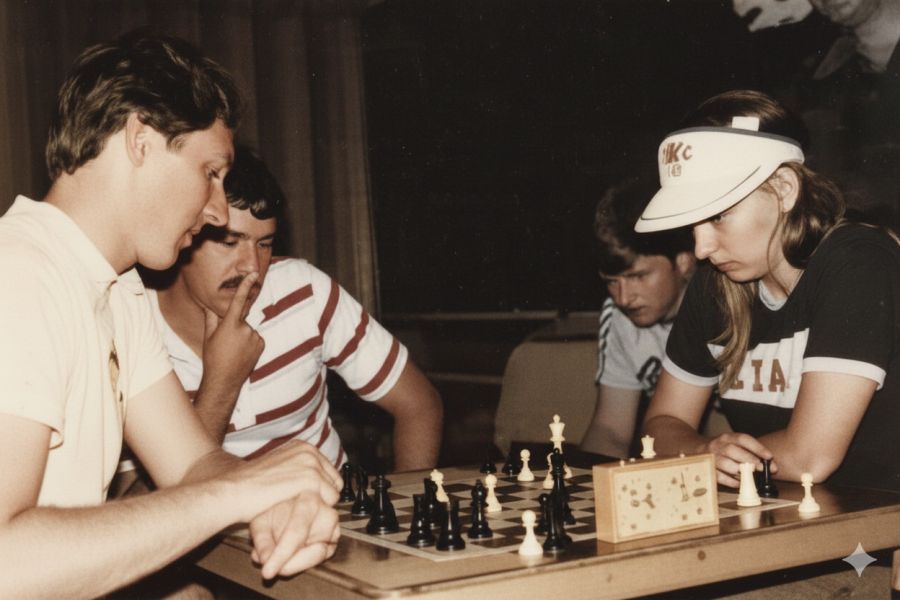 Scott McDonald, Dave Kittinger und Diane Savereide analysieren die verlorene Partie C Picture by CSS 3/84 (Restauriert und koloriert)